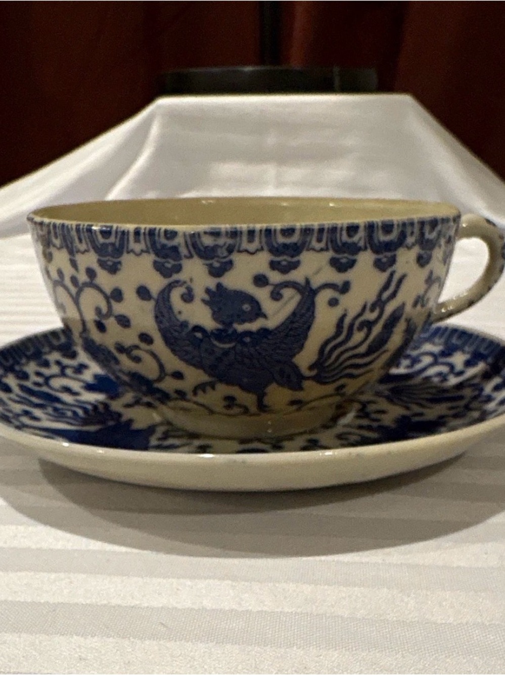 Vintage Blue and White Flying Phoenix Teacup and Saucer - Japan
